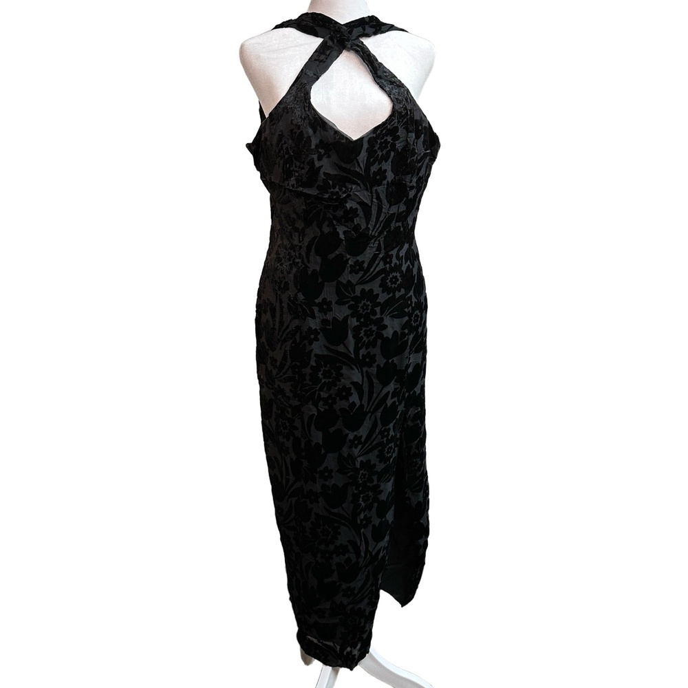 Vtg Black Crushed Velvet Floral Dress Whimsigoth Sweetheart Neckline Womens‎ M/L